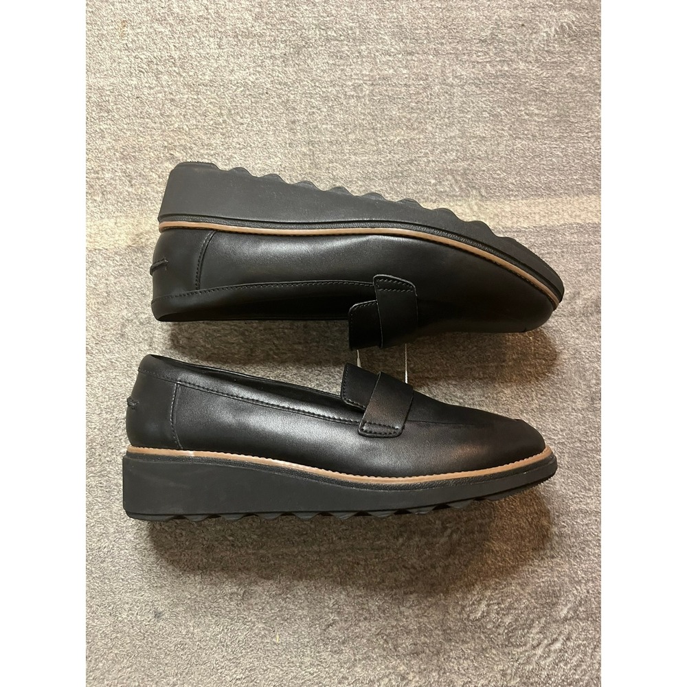 Clarks Collection Black Leather Penny Loafers Platform Wedge Shoes Womens 10